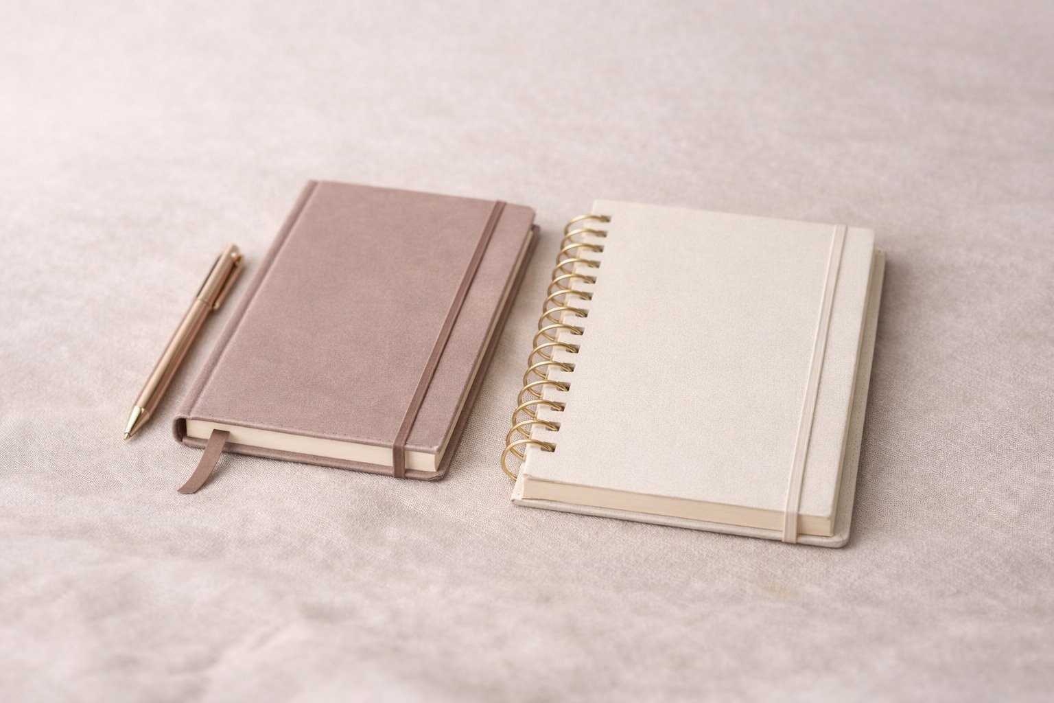 Layered notebooks and paper textures arranged with generous white space.