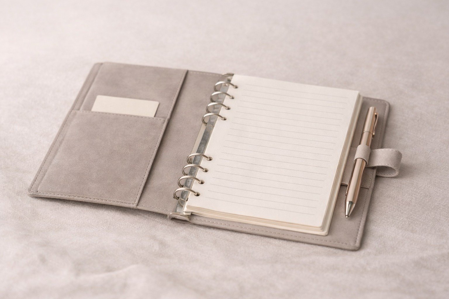 An organizer layout with structured pages and calm desk styling.